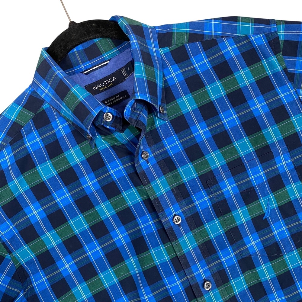 Nautica Classic Fit Plaid Wrinkle Resistant Button Down Shirt Mens M Blue Green - Picture 1 of 7